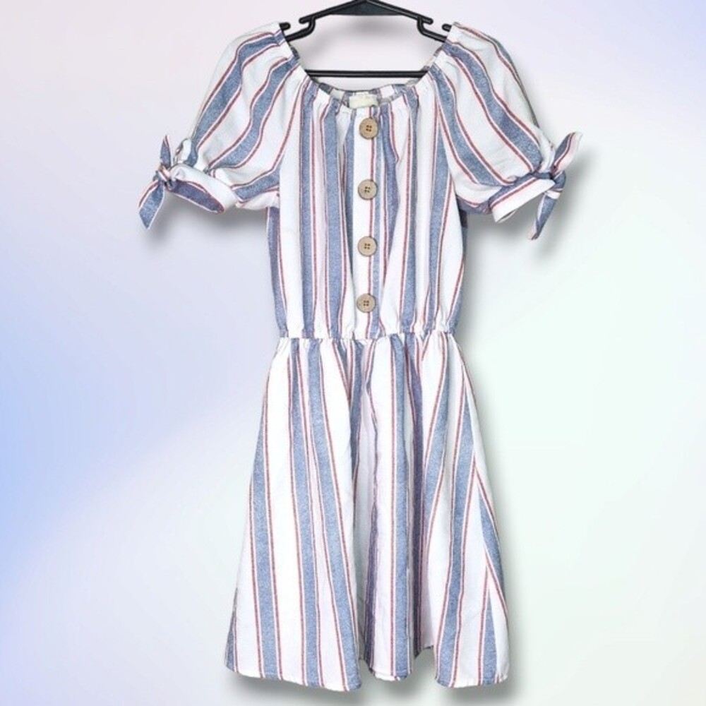 Lily Bleu Size 7 Blue and Red Striped Button Detail Dress